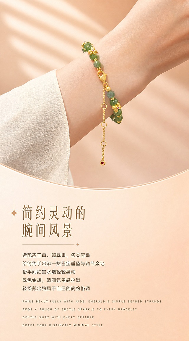 【第10张·水泡款佩戴页】
[商品] 使用小水泡延长链搭配碧玉手串图；将延长链与手串佩戴在女性手腕上，展示真实佩戴效果；严格还原足金原色、古法金磨砂质感、水泡造型和红宝石镶嵌；手串珠子颜色和金色配件保持原样。
[画面] 画面上半部分为女性手腕侧戴手串特写，水泡延长链自然垂坠在手串扣头处，随手腕角度呈现优雅弧度，手腕穿着浅色米白衣袖。背景为暖杏色到蜜桃裸粉色的柔和渐变，有柔和百叶窗光影斜射。下半部分为文案区域，有弧形过渡。产品占画面50%。
[视觉] 套系策略：风格=高端轻奢珠宝商业摄影；主标题字=精致衬线体，浅金棕色；单品标题字=中号无衬线体；正文字=小号无衬线体，深咖暖灰色；英文字=细体无衬线，拉开字距；主色=暖杏蜜桃裸粉渐变；背景延展=暖杏色到裸粉色柔和渐变，细腻哑光质感，弧形过渡分隔上下区域；强调色=浅金棕色；组件=细金线+星光装饰分隔；光影=左前侧暖柔光，金属高光细腻柔和，皮肤质感自然。
[文字] 画面下方左对齐或居中排版：主标题"简约灵动的腕间风景"（精致衬线体，浅金棕色），标题左侧有星光装饰，标题下方有细金线分隔。下方正文5行："适配碧玉串、翡翠串、各类素串""给简约手串添一抹圆宝垂坠与调节余地""抬手间红宝水泡轻轻晃动""翠色金辉，清润氛围感拉满""轻松戴出独属于自己的简约格调"（小号无衬线体，深咖暖灰色）。最底部4行英文小字，细体无衬线拉开字距："PAIRS BEAUTIFULLY WITH JADE, EMERALD & SIMPLE BEADED STRANDS""ADDS A TOUCH OF SUBTLE SPARKLE TO EVERY BRACELET""GENTLE SWAY WITH EVERY GESTURE""CRAFT YOUR DISTINCTLY MINIMAL STYLE"。文字不遮挡手腕和产品。
[规格] 宽度850px，长竖版比例约1:1.8，2K，quality=high。避免手部不自然、延长链佩戴方式错误、黄金发白、文字遮挡产品。