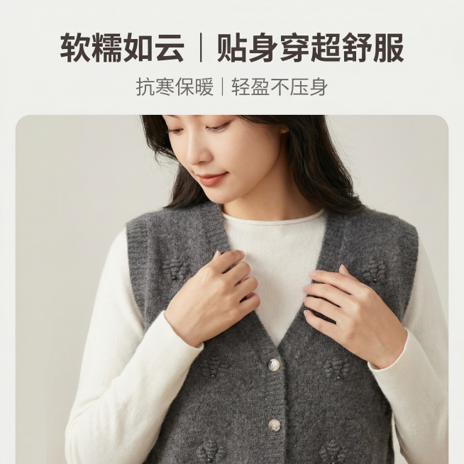 [主图4] 舒适软糯羊毛马甲主图
[氛围风格] 温暖治愈，柔软质感，简约干净背景
[画面元素] 主推灰色针织马甲，保持原款式不变，亚洲女性模特同主图1穿着白色长袖内搭，近距离展示马甲软糯面料质感，模特预览效果