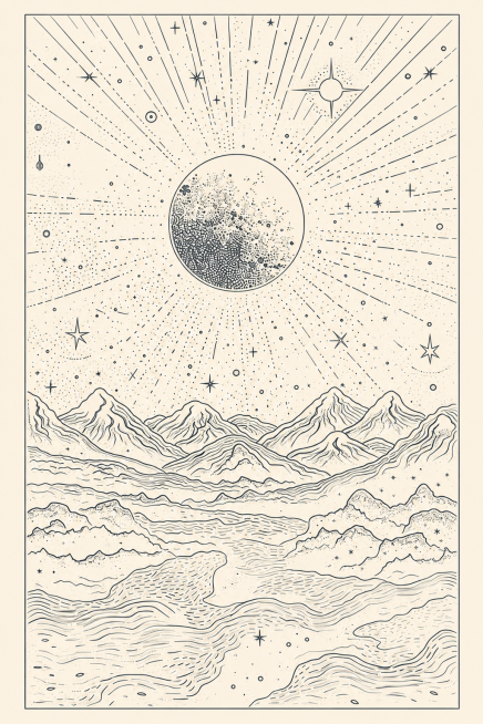参考图片风格，保留月亮、星空、山脉和海浪的线条图案内容，去掉黑色底色，背景改为浅色，保持原构图和线条预览效果
