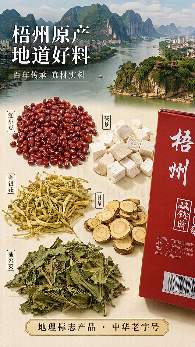 [第2张] 详情页成分产地专张-梧州原产草本原料展示。本张使用【图4】侧面包装作为产地信息辅助参考，主画面为原料微距场景。
[氛围/风格] 自然真实风，产地叙事感，原料微距质感，清新草本气息，商业摄影质感。
[元素布局] 画面上半部分为梧州山水产地场景（喀斯特地貌+西江水面），占画面约35%，配「源于梧州」大字；下半部分为草本原料平铺微距展示，占画面约50%：红豆颗粒饱满、茯苓块、金银花朵、甘草片、蒲公英叶整齐排列，每种原料旁配小标签；右侧小图露出龟苓膏礼盒一角（参考【图4】红色包装风格）；原料元素单种占比≥15%，整体原料主视觉≥60%。
[光影质感] 自然光从上方洒下，原料表面有自然光泽，红豆呈现哑光质感，草本叶片纹理清晰，阴影柔和自然。
[配色色系] 全局底色 #F5EFE0 米杏色；主色深绿+红棕；辅助色金色标签、浅米色底。
[视角构图] 上下分栏构图，上半产地场景俯视远景，下半原料平铺俯视特写，阅读动线从上到下。
[文字版式] 上部产地场景叠加主标题「梧州原产 地道好料」，副标题「百年传承 真材实料」，白色宋体字；下部每种原料旁配小标签：「红小豆」「茯苓」「金银花」「甘草」「蒲公英」，黑色圆角标签；底部信息条「地理标志产品 · 中华老字号」。文字清晰可读。
[比例分辨率] 9:16竖版比例，4K分辨率，文字清晰可辨，高清画质。
[负向提示词] 原料变形，产地场景虚假，文字过小，水印，颜色偏差，画面杂乱。