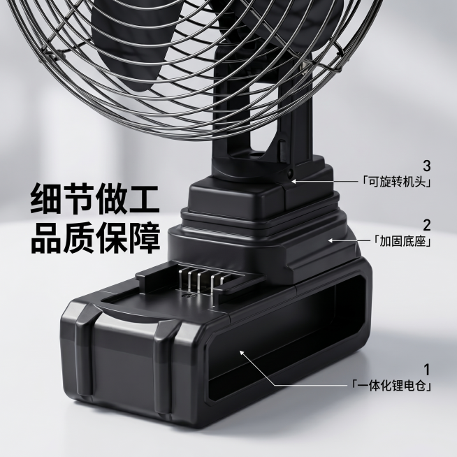 [主图 4] 锂电风扇细节结构微距特写主图
[氛围风格] 科技质感，微距清晰，专业高级
[画质] 商业超微距摄影，结构纹理清晰锐利，质感真实
[元素] 特写锂电风扇底部锂电池模块区域，保持产品材质和颜预览效果