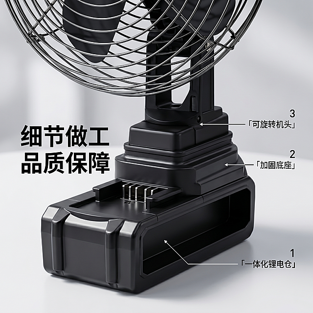 [主图 4] 锂电风扇细节结构微距特写主图
[氛围风格] 科技质感，微距清晰，专业高级
[画质] 商业超微距摄影，结构纹理清晰锐利，质感真实
[元素] 特写锂电风扇底部锂电池模块区域，保持产品材质和颜色和原图一致，展示一体化锂电结构细节，金属接口和机身塑料纹理清晰呈现。背景做虚化处理突出细节，产品细节占画面主体约70%。在右侧用引线加序号标注核心细节
[光影] 侧光打光，突出结构肌理，塑料和金属材质反光真实自然，明暗对比清晰
[配色] 产品原生黑银配色，背景浅灰纯净，聚焦产品细节
[视角构图] 微距特写平视，中心主体突出，背景虚化景深明显
[文字版式] 左侧大字主标题“细节做工 品质保障”，右侧三个引线标注：1 「一体化锂电仓」，2 「加固底座」，3 「可旋转机头」。文字纤细清晰，引线不遮挡主体结构
[比例分辨率] 1:1 比例，2k分辨率，超高清
[负向提示词] 变形，水印，文字错乱，结构模糊，背景杂乱