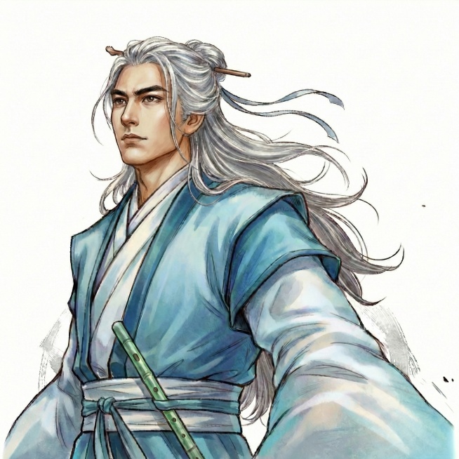 人物的表情和五官贴近男明星焦恩俊，年轻时的焦恩俊，头发变成白灰色预览效果