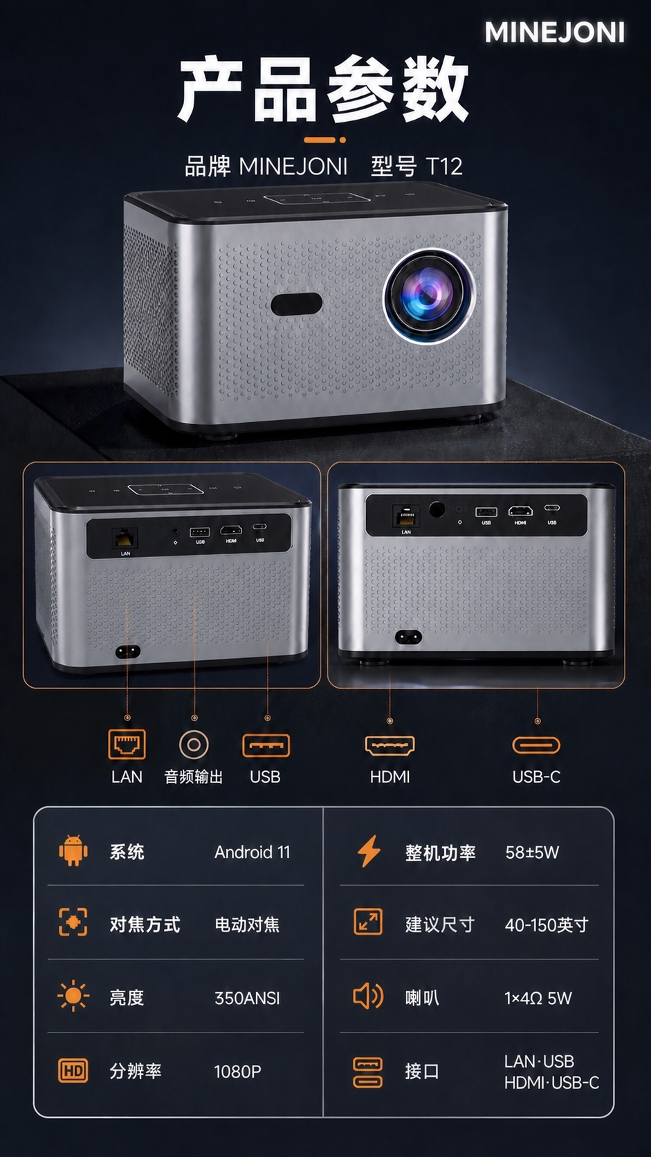 基于这张银灰色投影仪产品参数详情页设计图进行局部编辑：在页面主… - 图片创意预览
