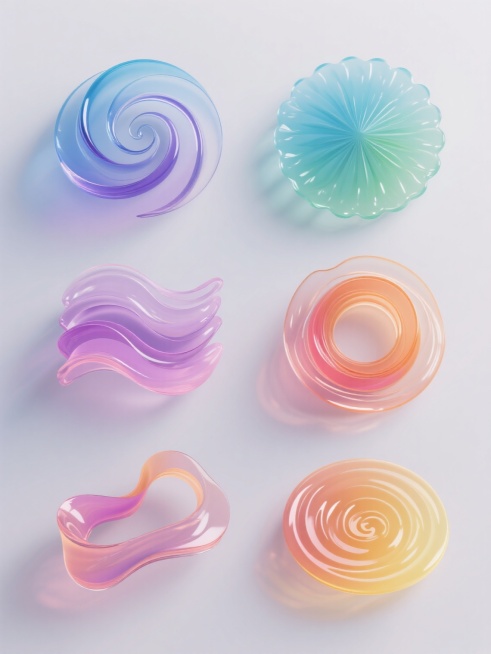 在纯白色背景上，以3D渲染风格呈现六个完全不同造型的水纹系列素材集合，保持水纹的透明质感、光滑表面、细腻的高光反射和柔和阴影效果，整体色彩变换为包含蓝色、绿色、紫色、粉色、橙色、黄色的渐变色调，每个水纹形态各异，有的呈螺旋上升状，有的为放射状涟漪，有的是波浪起伏形态，有的是环形叠加结构，有的是不规则流动曲线，有的是中心扩散波纹，所有水纹元素规整排布，形成视觉协调统一的系列设计，具有现代简约的设……预览效果