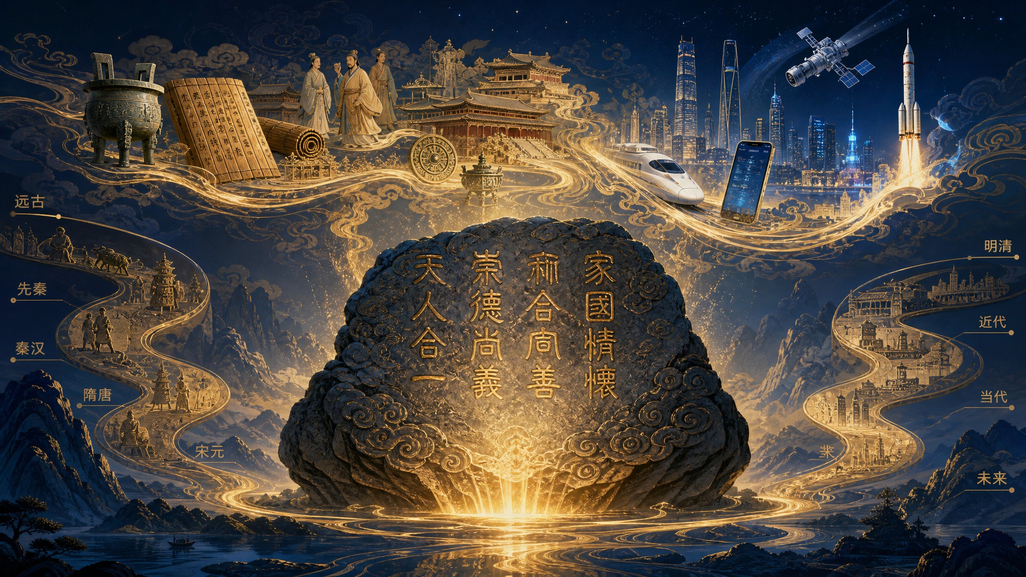 横版概念插图，展现中华文化深层精神内核如压舱石般稳定延续的主题… - 图片创意预览