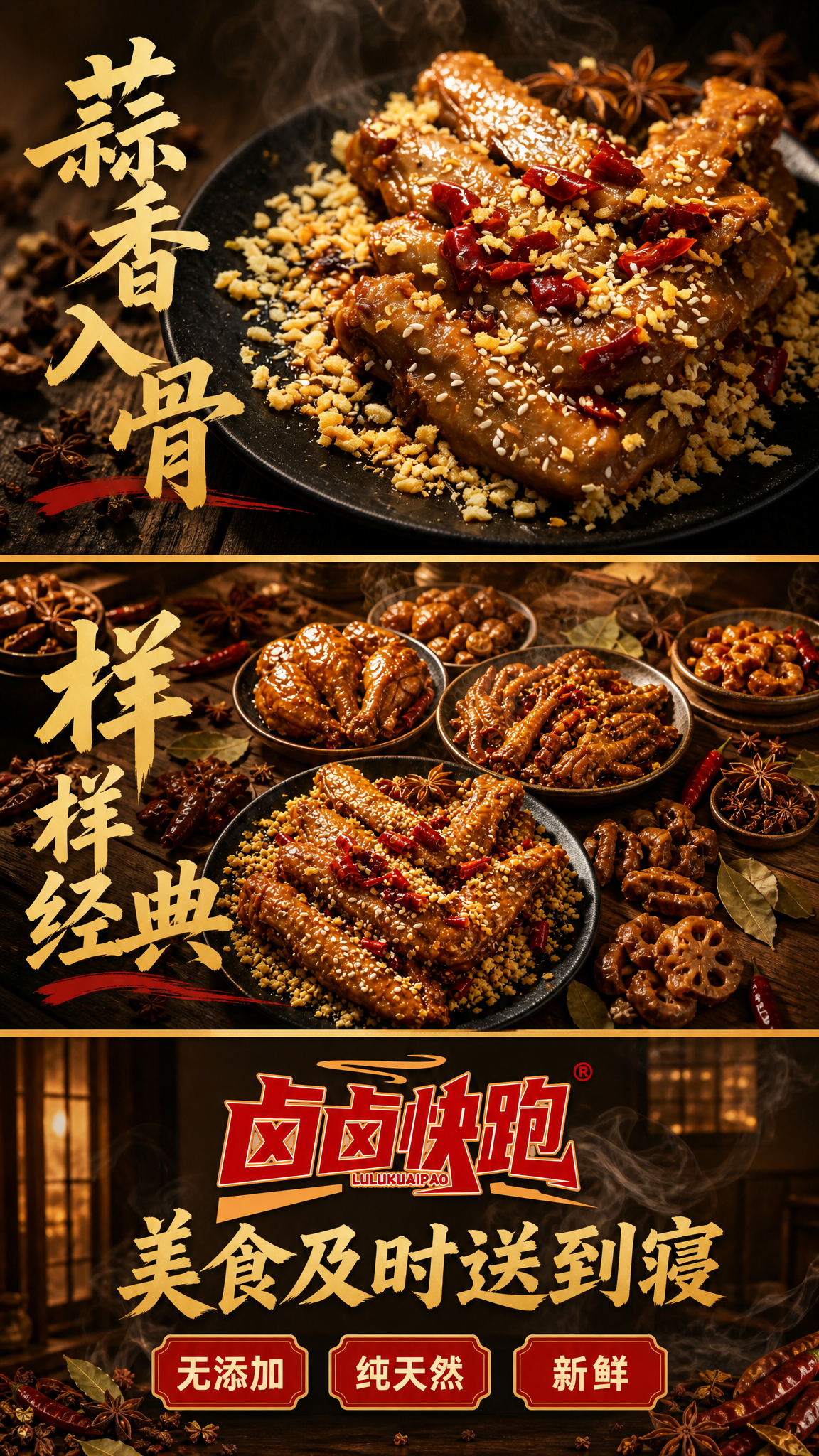 朋友圈三图拼接长图风格卤味宣传，竖版长条。从上到下三张图依次排… - 图片创意预览