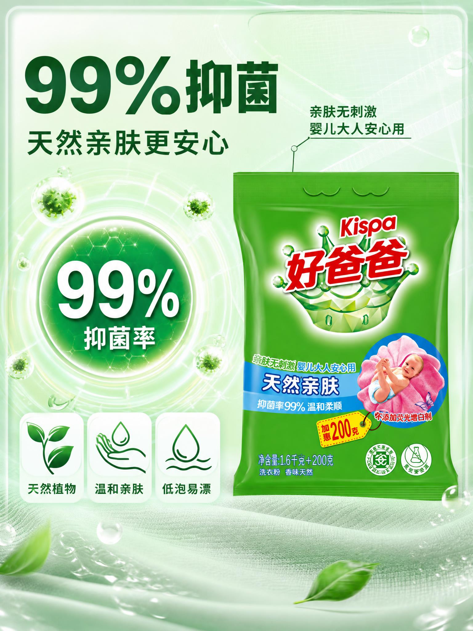 [主图-2] 好爸爸洗衣粉核心功效卖点图，99%抑菌效果证明。… - 图片创意预览