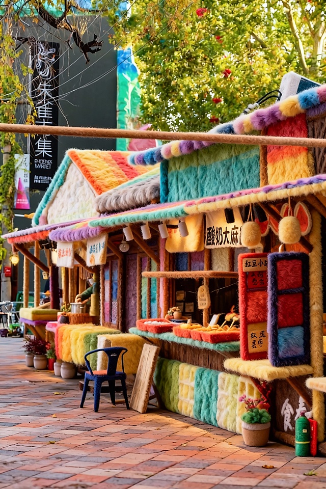 毛发生长风与软3D结合，打造梦幻国潮市集，色彩斑斓的绒毛摊位萌趣十足，温暖温馨，充满卡通感与微缩艺术气息。