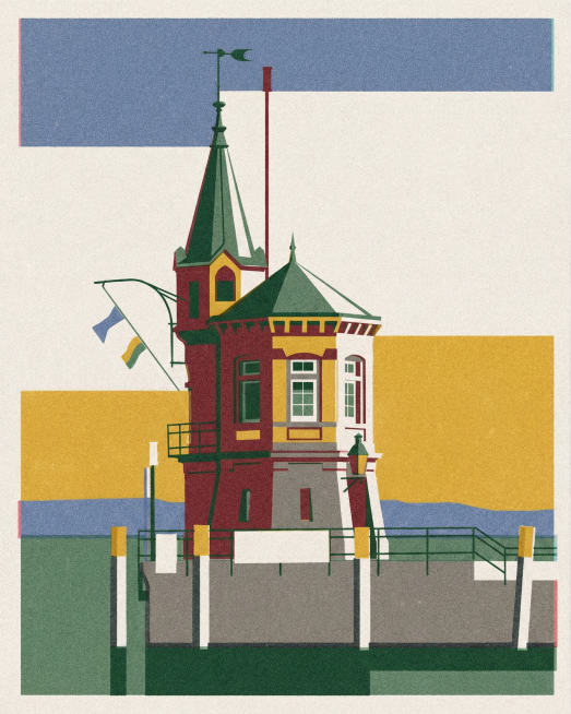 将这张港口塔楼图片转换为现代极简几何扁平风格，融合包豪斯主义的理性线条，带有risograph印刷质感，图形高度概括无多余细节，强调色彩与形状的构成关系，保留复古印刷的颗粒肌理预览效果