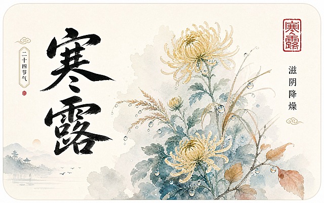 中国风24节气之寒露卡片，圆角矩形白底卡片，左侧大字书法体写"寒露"，右侧竖排小字写"滋阴降燥"，背景有水彩风格的寒露时节植物插画，右上角有红色印章图案，整体风格清新雅致，国潮古风，米白色背景，精致细腻