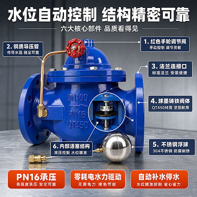 [主图-2] 100X遥控浮球阀 水箱自动补水阀 核心卖点结构原理图。
[统一基调] 专业工业品质风，浅灰金属工作台背景，主色深蓝+工业橙点缀，标题白色粗黑体，辅助字深灰，强调色橙红，字体为硬朗无衬线粗体，参数块用深蓝底白字胶囊样式，整体满版高信息密度，五金器械专业感。
[画面] 产品主体位于画面中心偏左，正面视角，占画面约55%。从阀体各关键部位引出6条标注线指向右侧和上方的说明框，分别标注：1.红色手轮调节阀（顶部引出）- 手动控制 调节灵敏；2.铜质导压管（左上引出）- 传导水压 稳定可靠；3.法兰连接口（左右两侧引出）- 标准法兰 安装便捷；4.球墨铸铁阀体（中部引出）- QT450材质 坚固耐用；5.不锈钢浮球（右下引出）- 304不锈钢 防腐耐锈；6.内部活塞结构（阀体正面画中画放大）- 液压控制 水位精准。画面上方大标题，下方排列3个核心参数胶囊。
[光影质感] 商业工业摄影质感，主光正面偏上，阀体漆面高光清晰，金属浮球反光自然，标注线和说明框为半透明深蓝底白字，与产品层次分明，底部有接触阴影。
[配色] 背景浅灰，产品深蓝阀体，标注引线白色带箭头，说明框深蓝半透明白色文字，重点数据橙红色高亮。
[文字版式] 顶部居中大标题"水位自动控制 结构精密可靠"，副标题"六大核心部件 品质看得见"。6个标注说明文字随引线分布在产品周围，每个说明框内有小标题和一行解释。底部三个橙红色胶囊参数："PN16承压"、"零耗电水力驱动"、"自动补水停水"。字体统一粗黑体，标题最大，标注文字中等，参数胶囊文字醒目。
[输出要求] 1:1正方形比例，2K高清，产品清晰，标注线整齐，文字清晰可读。禁止变形、错字、模糊、水印、平台Logo。