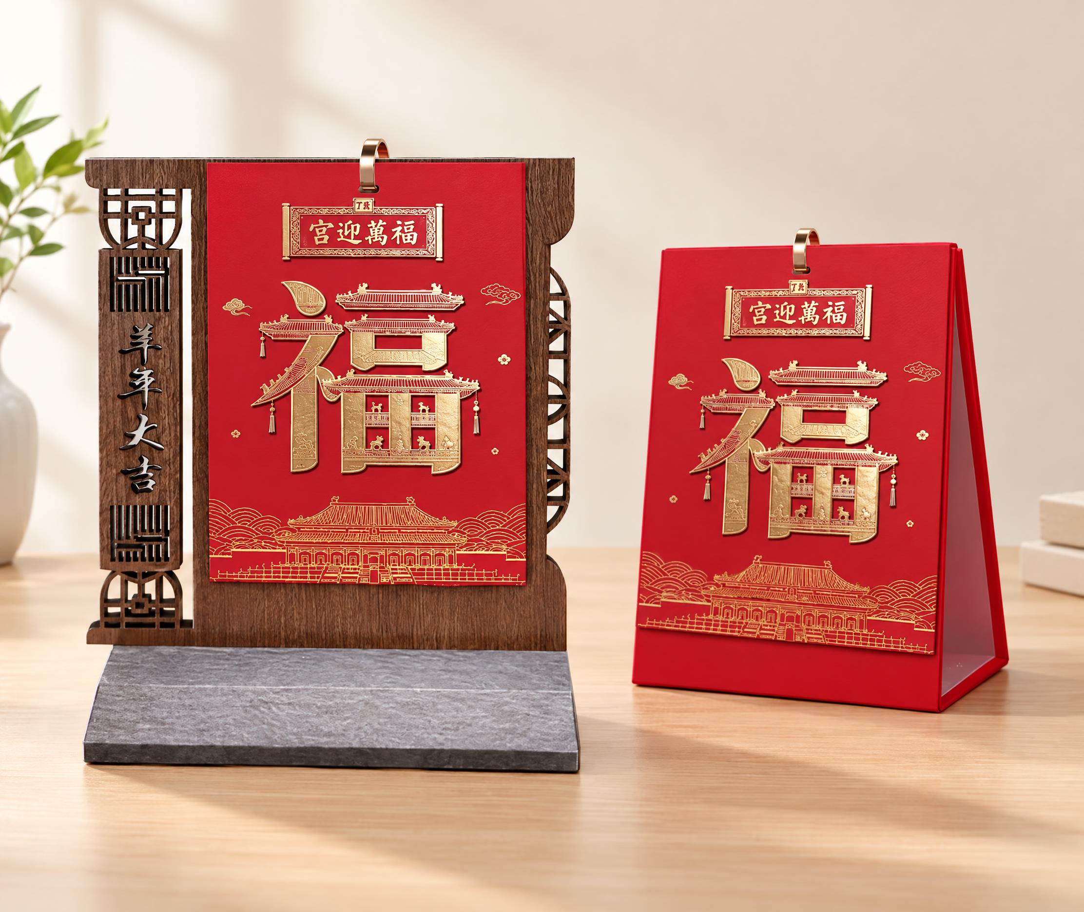 去除原图所有背景和文字标注，仅保留宫迎万福A、B两款台历实物，… - 图片创意预览