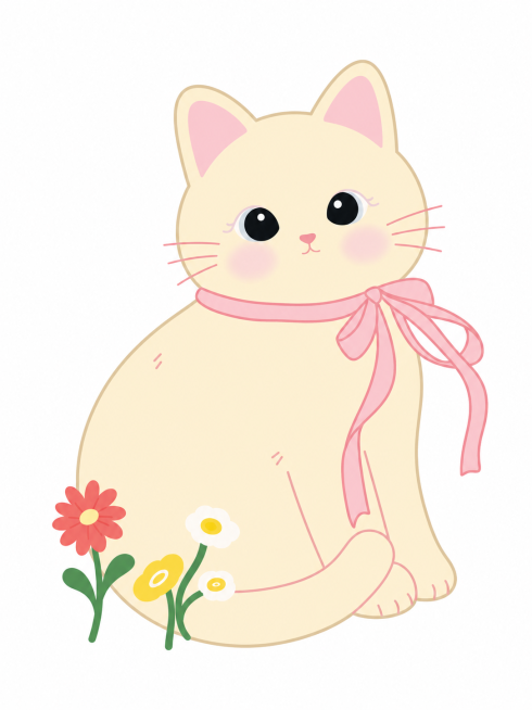 将这个可爱猫咪立牌转换为矢量图，保留猫咪、粉色蝴蝶结、花朵的全部设计元素，保持简约可爱的扁平化风格预览效果