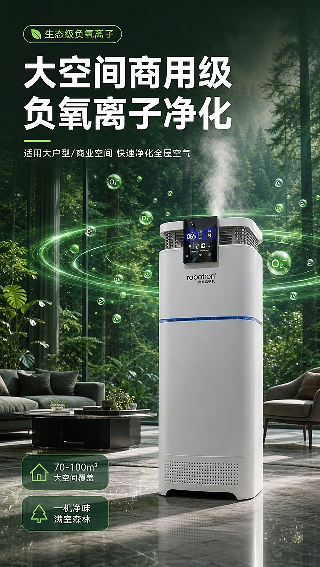 [商品] 使用【图1】robotron白色立式负氧离子机；保留整机立式长方体结构、顶部出风栅格、中部黑色智能显示屏（显示数字与蓝色环形图标）、机身正面robotron Logo及"负氧离子机"中文字样、中部蓝色灯带、底部进风格栅、整体白色哑光机身材质；产品真实功能方向为顶部向上释放负氧离子与加湿雾气。
[画面] 页面目标：大空间商用级负氧离子净化头图，建立高端森林净味第一印象。构图：竖版9:16，上半部分大标题文案区，下半部分产品置于现代大客厅场景中，产品占画面约55%，正面微侧角度；前景大理石地面反射，中景产品与客厅家具，后景大面积落地窗透出茂密森林与雾气，绿色负氧离子粒子光环从产品顶部向四周扩散，形成森林空气可视化效果。阅读动线从上到下。
[视觉] 套系策略：风格=高端商业摄影+森林自然科技感；标题字=现代无衬线粗黑体（思源黑体Heavy）；正文字=简洁无衬线体（思源黑体Regular）；主色=墨绿/深森林绿；背景延展=基于墨绿做深浅层级、森林雾气渐变、自然光影质感；强调色=荧光翠绿，仅用于负氧离子光效、图标、引线和小面积标签；标题色=白色；正文色=浅灰绿/米白；组件=圆角半透明深绿信息卡、细线引线、绿色粒子光效；光影=左侧自然光+产品顶部绿色轮廓光，整体偏暗调森林氛围。
[文字] 顶部主标题两行大字："大空间商用级""负氧离子净化"，副标题："适用大户型/商业空间 快速净化全屋空气"，左上角小标签"生态级负氧离子"，右下角2个短卖点胶囊："70-100㎡大空间覆盖""一机净味 满室森林"；文字均为横排，不遮挡产品主体与Logo。
[规格] 图片比例9:16竖版，4K分辨率，负向提示：避免变形、错字、文字过小、产品结构改变、Logo错乱、冷蓝色调主背景、白底孤立产品、绝对化用语。