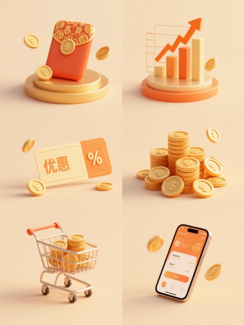 一套6张系列素材集合，每张均为规整排布的单一元素图案，整体采用简约现代的3D立体风格，纯色背景，明亮的金色与橙色为主色调，柔和的光影效果，物体表面有光滑的渐变质感和细微高光，圆形底座带有双层结构和内阴影。第一张：红包和金币的组合，红包为传统样式，表面有金色花纹，金币围绕红包散落；第二张：数据图和金币的组合，柱状数据图呈上升趋势，顶部有橙色箭头，周围点缀金币；第三张：优惠券和金币的组合，优惠券为……预览效果