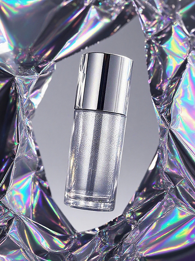 以银色、镭射色彩为基调，背景是不规则锡纸，光影聚焦强化瓶身精致质感与闪粉效果 ，闪耀、高端未来感氛围