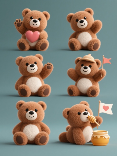 一系列6个不同姿态和动作的棕色毛绒小熊玩偶，每个小熊都具有超写实的3D质感，蓬松柔软的棕色毛发，圆滚滚的身体，大大的黑色眼睛，小巧的黑色鼻子和微笑的嘴，白色的脸部和腹部区域，保持相同的光影效果和细腻的毛发纹理，每个小熊分别呈现不同的可爱动态：坐着挥手、抱爱心、戴小帽子、啃蜂蜜罐、趴着抬头、举小旗子，所有小熊规整地排列在纯色背景上，形成一个统一风格的系列素材集合。预览效果
