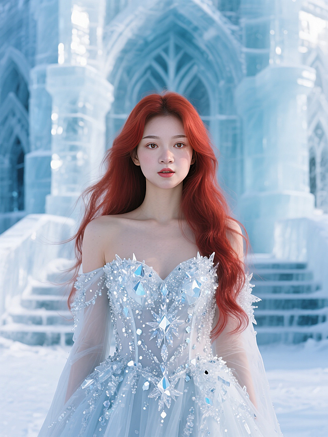 人物穿着冰雪礼服，缀着冰晶颗粒，背景是冰封宫殿， 剔透冷冽滤镜