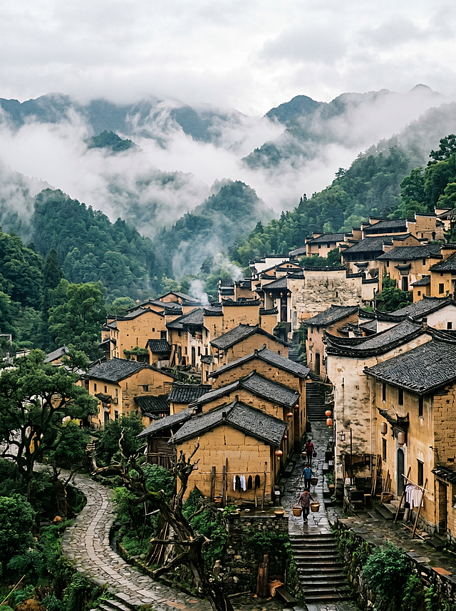 浙江松阳杨家堂村清晨，黄墙黑瓦层层叠叠分布在山间，青山云雾缭绕，像未干透的水墨画，非常真实生活场景，自然清新色调
