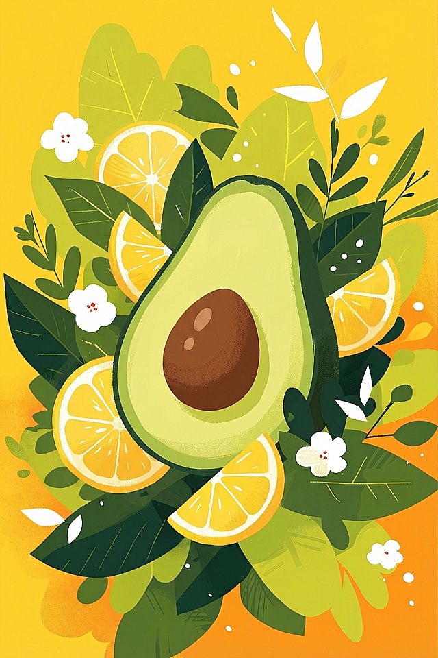 扁平插画风格，被切开的牛油果周围散布柠檬叶和切开的柠檬，整体采用明亮的黄色渐变背景，搭配深浅不同的绿色叶片，保留参考图的平涂肌理、简约色块设计，清新治愈的夏日氛围