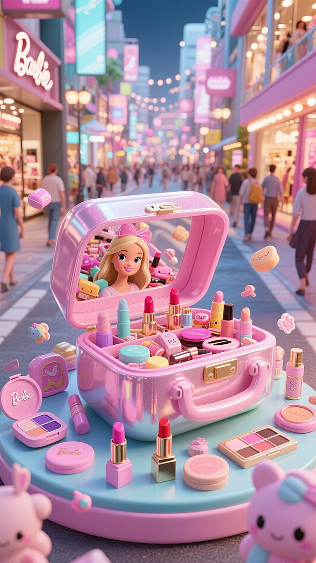 街道上巨大芭比风化妆盒，里面和周围装满并环绕各类可爱商品（美容美妆品），周围有漂浮的商品与小装饰元素，背景是商场购物街