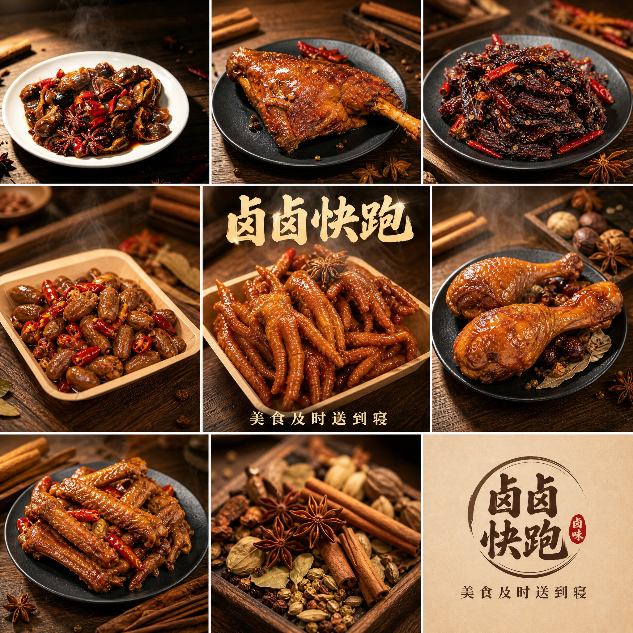 朋友圈九宫格拼图风格卤味宣传图，中心大图是诱人的酱卤凤爪，周围… - 图片创意预览
