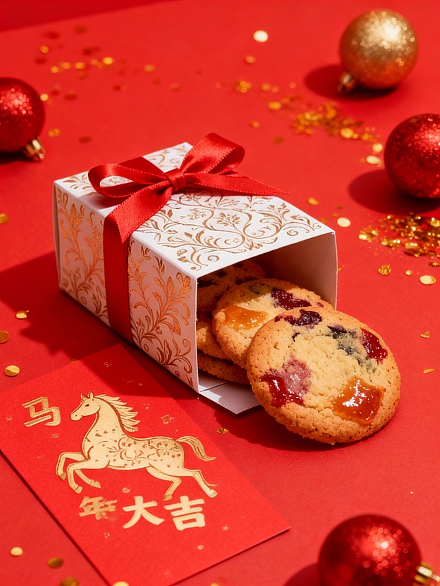 国潮风与复古纹样交织，鎏金烫印马年红包呼应喜庆红底，重拟物饼干跃出礼盒，印刷质感强化节日仪式感。