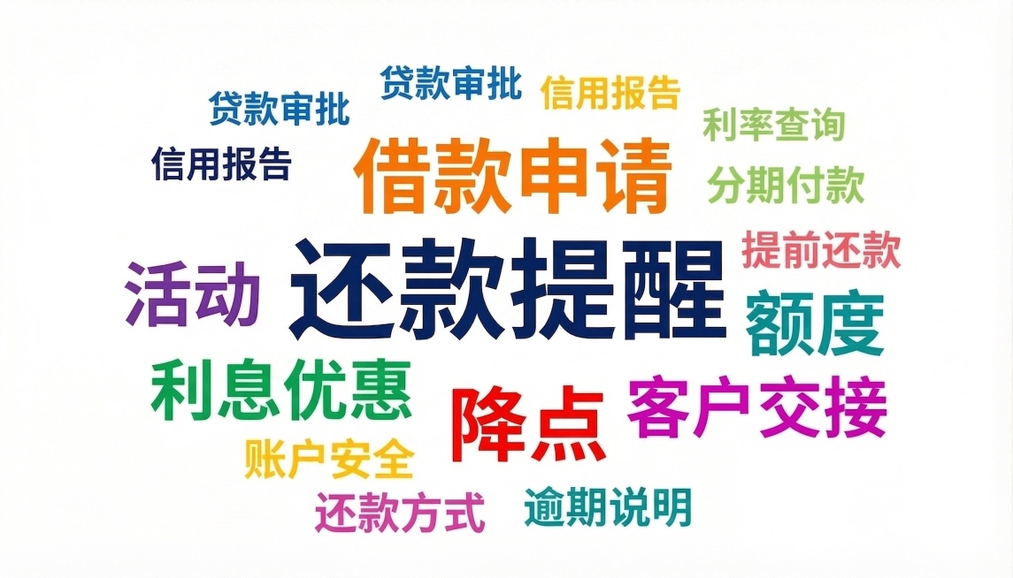 参照原词云图，去掉理财咨询文字，保留还款提醒最大突出，以及借款申请、利息优惠、活动、额度、降点、客户交接，其他布局和颜色保持不变预览效果