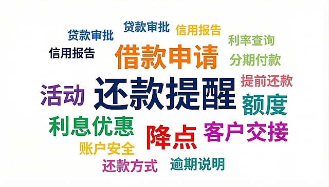 参照原词云图，去掉理财咨询文字，保留还款提醒最大突出，以及借款申请、利息优惠、活动、额度、降点、客户交接，其他布局和颜色保持不变