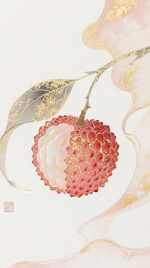 金箔岩彩肌理质感，古风水墨淡彩，荔枝，朱砂红+桃子红+金粉，层次感，艺术插画，朦胧感，晕开的笔墨触感，烫金丝线纹理，低饱和度色彩，画面大面积留白，淡雅柔和，流体艺术，横屏A4大小