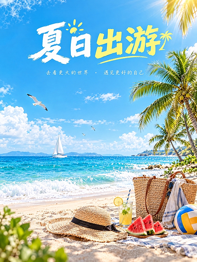 明亮清爽的夏日旅行主题封面图，写实商业摄影结合清新治愈风，画面充满夏日滨海度假氛围。
色调：清新的天蓝、海蓝与暖黄阳光相互映衬，搭配高饱和的翠绿椰林与暖橙色沙滩，整体明快通透、夏日感十足，高饱和但不刺眼。
主体画面：湛蓝海面泛起白色浪花，前景是细软浅色沙滩，几棵挺拔椰子树迎风而立；沙滩上摆放草编遮阳帽、藤编沙滩包、一杯插着柠檬片的冰饮与几块切开的红籤西瓜、一只彩色沙滩排球；远处海面有一艘白色帆船与飞过的海鸥，天空是通透蔚蓝与蓬松白云，阳光洒下温暖斑驳光斑。
氛围：轻松愉悅、清爽治愈的夏日度假气息，阳光通透、层次分明，浅景深突出前景道具，海边微风感明显。
构图与版式：画面上方预留大面积干净留白区域作为标题区，标题文字“夏日出游”以清爽粗体大字排布在该预留位置，字体清晰醒目、无错字；下方保留少量副文案空间，四周留足安全边距，整体留白舒适、版式整洁，适合直接作为封面使用。
画面不出现任何空白框、横线待填写区域或二维码图案；所有文字必须精确渲染，不得出现错字、变形或遗漏。
竖版 3:4 构图，超高清画质，构图平衡美观。