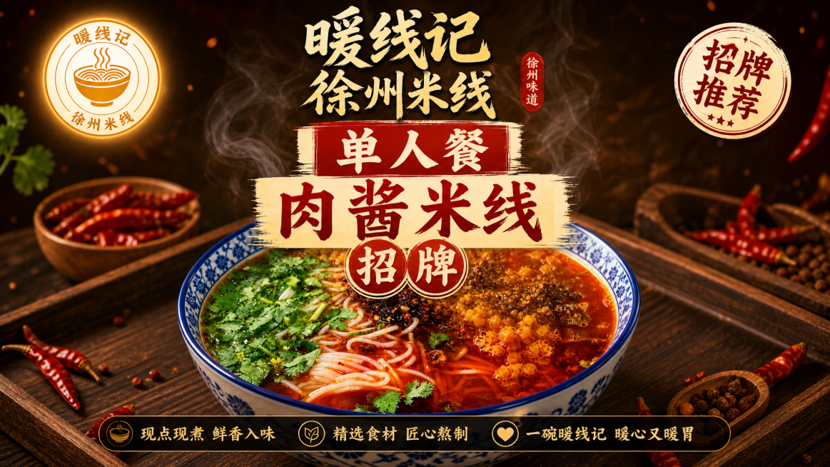修改图片，去掉价格信息，将米线产品调整到画面居中位置，所有文字信息调整居中，保留logo放在左上角，尺寸保持1600x900像素不变预览效果