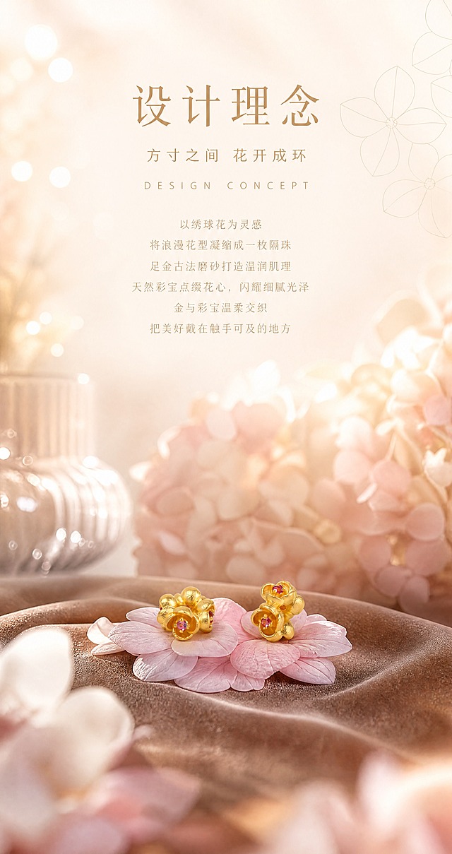 现代轻奢珠宝详情页第2屏-设计理念。使用图2的两枚绣球花隔珠45°立体角度图，将产品融入沉浸式花艺场景：产品放置在深香槟色丝绒台面上，底部有一小簇淡粉色绣球花瓣承托，背景是柔焦虚化的绣球花丛和玻璃花器轮廓，有圆形光斑散景，柔和斜侧自然光从左上射入，前景有虚化的花瓣做层次，三层景深，氛围感极强。产品严格还原足金原色、古法金磨砂质感、宝石颜色，禁止变形改结构。产品位于画面下方居中，占画面约35%。上方大面积留白放文字，右侧点缀低透明度极简线条绣球花图案（现代几何线条，不是国风）。文字层级：主标题"设计理念"使用精致高对比衬线体，浅金棕色，居中；下方副标"方寸之间 花开成环"使用中号无衬线体，浅金色，居中；再下方英文"DESIGN CONCEPT"细体无衬线拉开字距，浅金色；最下方6行正文居中，纤细字体，浅金色："以绣球花为灵感""将浪漫花型凝缩成一枚隔珠""足金古法磨砂打造温润肌理""天然彩宝点缀花心，闪耀细腻光泽""金与彩宝温柔交织""把美好戴在触手可及的地方"。文字不遮挡产品。整体高级浪漫轻奢。画布宽850px，竖版长图。
