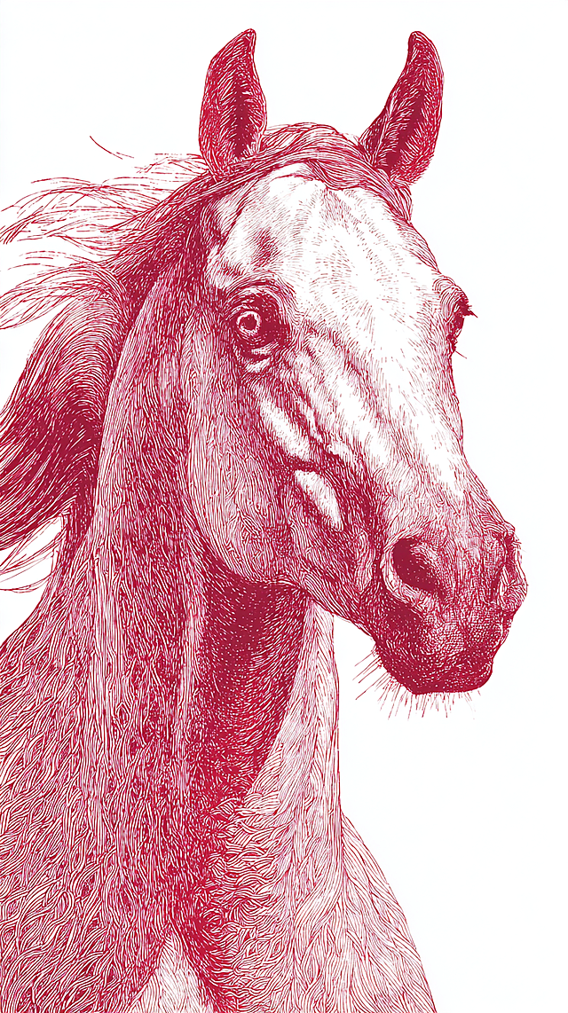 红白单色工笔风马首插画，线条细腻，体积感强，融合版画质感与复古韵味，尽显优雅与文艺之美。