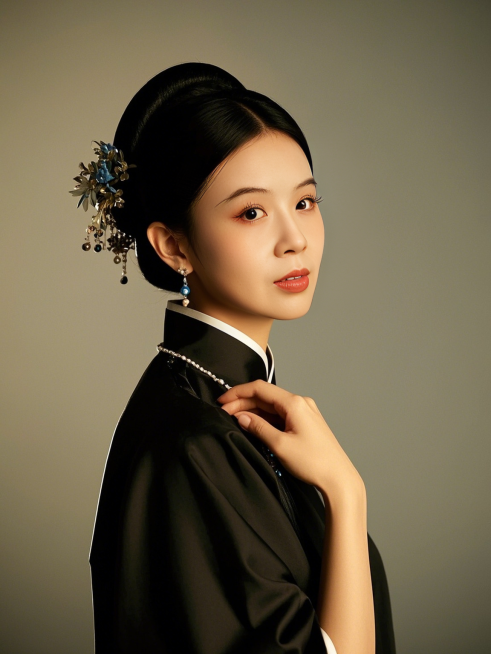 女生，唐装证件照，国风，纯色背景预览效果