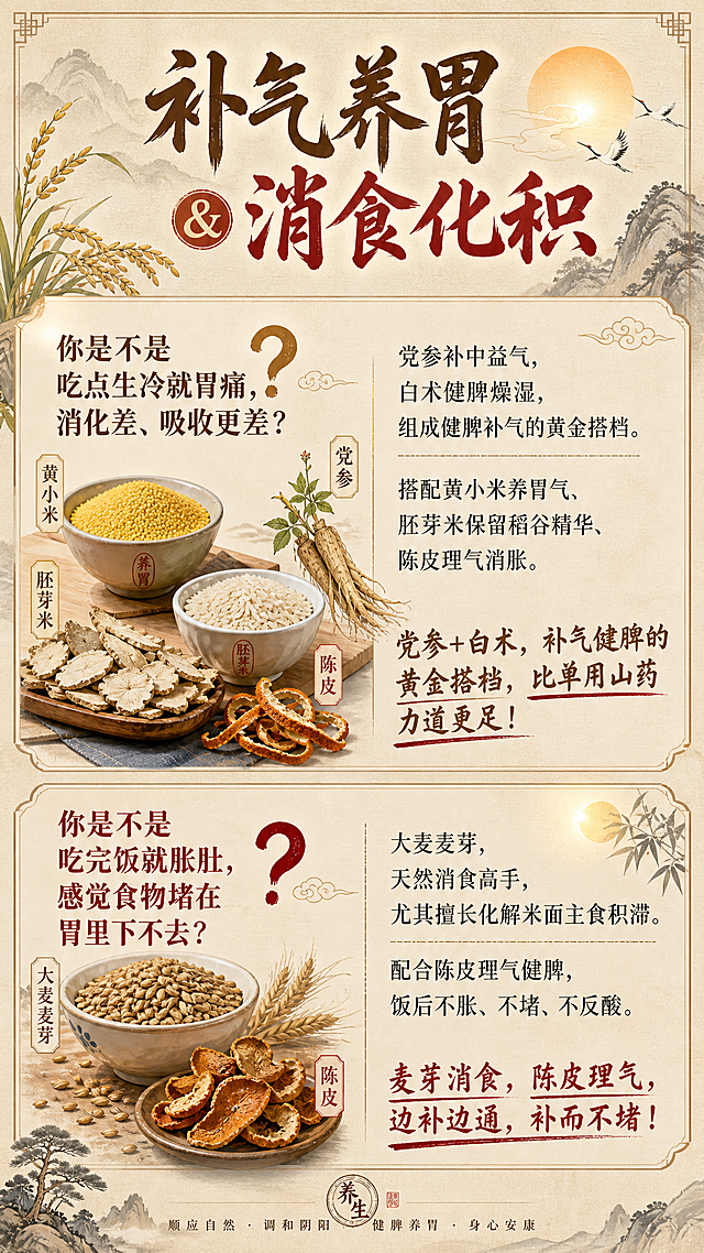清新淡雅道系风竖版海报，米黄色宣纸质感背景，赭石色与朱砂色点缀，新中式工笔意境。画面顶部主标题大字"补气养胃 & 消食化积"。画面上下分为两大板块：上板块左侧赭石色问号标题"你是不是吃点生冷就胃痛，消化差、吸收更差？"，右侧正文：党参补中益气，白术健脾燥湿，组成健脾补气的黄金搭档。搭配黄小米养胃气、胚芽米保留稻谷精华、陈皮理气消胀。下方重点金句下划线：党参+白术，补气健脾的黄金搭档，比单用山药力道更足！下板块左侧深红色问号标题"你是不是吃完饭就胀肚，感觉食物堵在胃里下不去？"，右侧正文：大麦麦芽，天然消食高手，尤其擅长化解米面主食积滞。配合陈皮理气健脾，饭后不胀、不堵、不反酸。下方重点金句下划线：麦芽消食，陈皮理气，边补边通，补而不堵！装饰元素：小米麦穗、陈皮干、党参药材插画、暖光光晕，整体排版精美，道系养生氛围，2K超清画质。画面中所有信息区域必须填充完整合理的内容，不得出现空白框或占位。