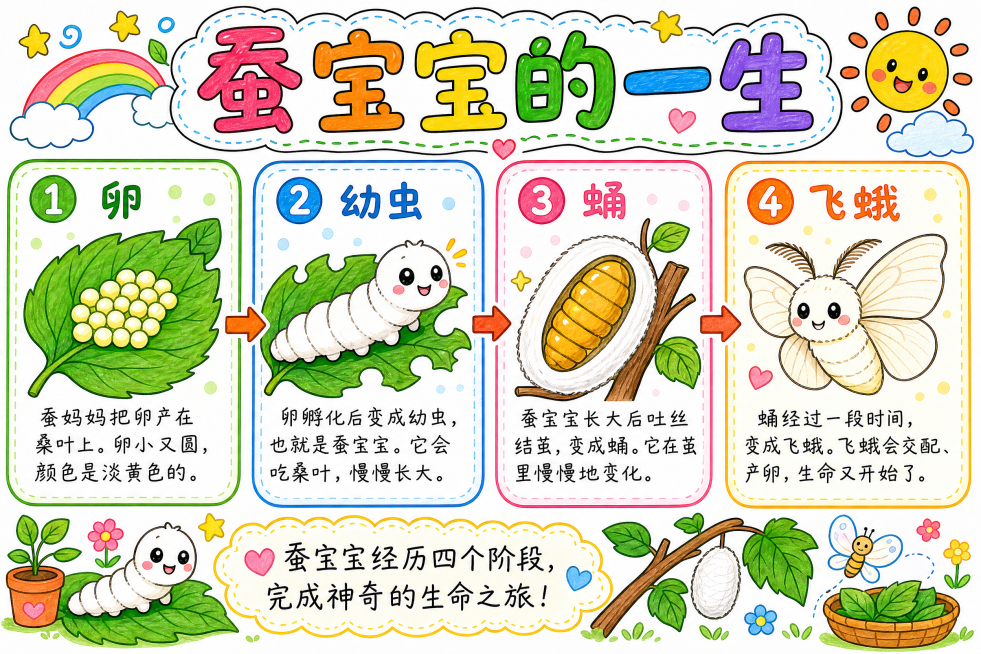 参考原图重新生成一张横版彩色"蚕宝宝的一生"小学生科学手抄报，调整画面细节和色彩搭配，保持马克笔手绘卡通风格，四个生长阶段完整展示，整体更活泼清新预览效果