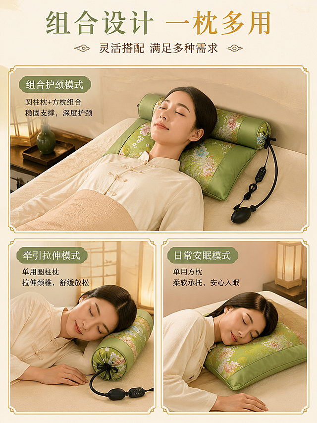 [第8张] 组合设计多用页 - 圆柱+方枕多种使用方式。本张使用【图2】【图3】【图4】作为产品不同角度参考。
[氛围/风格] 新中式实用生活风，温馨居家感，暖金+草木绿配色，舒适治愈。
[元素布局] 画面采用三宫格拼图形式，展示三种使用场景：上格「组合使用 深度护颈」（圆柱枕+方枕组合，仰卧睡姿示意）；左下格「单用圆柱枕 牵引拉伸」（仅圆柱枕，侧躺颈部牵引示意）；右下格「单用方枕 日常睡眠」（仅方枕，舒适睡眠示意）；背景为浅米杏色，每格配淡金色中式边框；产品外观、颜色、结构均与输入图一致。
[光影质感] 均匀柔和暖光，每格场景独立打光，整体温馨舒适。
[配色色系] 全局底色 #F8F4EB（浅米杏）；主色 #6B9E58（草木绿）、#C9A227（暖金）；辅助色米白、深棕。
[视角构图] 三宫格拼图布局，上一下二，阅读动线自上而下。
[文字版式] 顶部主标题「组合设计 一枕多用」，副标题「灵活搭配 满足多种需求」；每格配使用方式小标题和简短说明：「组合护颈模式」「牵引拉伸模式」「日常安眠模式」；字体清晰，排版整齐。
[比例分辨率] 3:4 竖版比例，4K 分辨率，文字清晰可辨。
[负向提示词] 产品变形，颜色偏差，文字错乱，水印，拼图错位，背景杂乱。