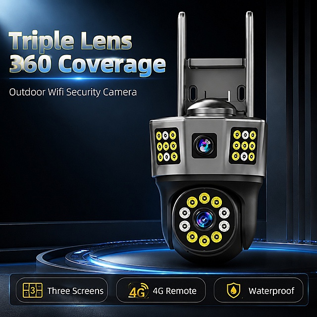 [第1屏] 亚马逊详情页头图-三镜头 outdoor security camera，主视觉宣传图。本屏使用【图1】作为商品主体。
[氛围/风格] 现代科技风格，深色科技背景，简约专业设计，商业摄影质感，真实客观产品展示。
[元素布局] 摄像头放置在画面中央偏右下，占比约70%；左上方预留标题区域，底部信息条；产品结构、三镜头设计、材质颜色与输入图完全一致，突出三画面核心结构。
[光影质感] 左上冷柔光照明，右下柔和投影，金属机身保留清晰高光，整体明暗层次清晰，产品轮廓突出。
[配色色系] 全局底色 #1A202C；主色深灰科技黑；辅助色浅蓝冷光描边、黄色装饰点缀。
[视角构图] 正面45度微仰视，产品为绝对视觉中心，阅读动线左上标题 → 中央产品 → 底部信息条。
[文字版式] 版式为左上标题+中央产品+底部卖点条。主标题 "Triple Lens 360 Coverage"，副标题 "Outdoor Wifi Security Camera"，主标题大字体加粗，副标题小一号，左对齐。底部三个卖点胶囊："Three Screens", "4G Remote", "Waterproof"。文字不遮挡产品主体，文字采用渐变+描边+阴影设计突出重点。
[比例分辨率] 1:1方图比例，4K分辨率，文字清晰可辨，高清画质。
[负向提示词] 产品变形，结构错误，缺件错件，颜色偏差，文字错乱，文字过小，水印，背景杂乱，中文字符