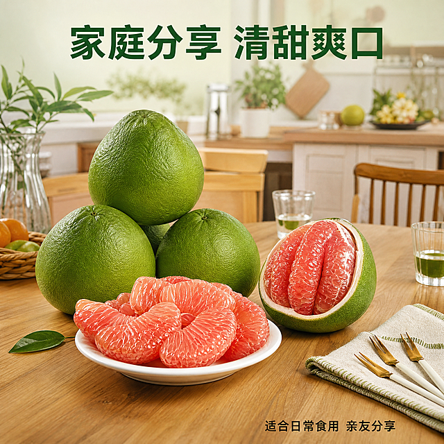 [第6屏] 家常餐桌食用场景展示，体现日常分享场景。
[氛围/风格] 温馨居家氛围，自然生活感，真实新鲜，拉近与消费者距离。
[元素布局] 场景展示为干净木质家庭餐桌，桌面上摆放完整青柚和切好分盘的果肉，还可搭配餐巾和水果叉，青柚保留原有绿色果皮和红心果肉特征，占据画面核心位置，背景可见简洁厨房环境虚化衬托。整体层次丰富，前景餐具、中景产品、背景环境，元素不少于3种。
[光影质感] 室内自然光，柔和均匀，真实还原餐桌上的产品状态，温馨自然，水果新鲜有光泽。
[配色色系] 全局底色：#F0F5E9（浅草绿）；主体配色：木色餐桌 + 绿色青柚 + 红心果肉；辅助色：#165D27（深绿标题字）。保持与全套配色统一。
[视角构图] 平视餐桌视角，场景化构图，主体产品突出，环境自然不抢戏。
[文字版式] 顶部大标题「家庭分享 清甜爽口」深绿居中，字号为画面高度7%，右下角标注「适合日常食用 亲友分享」黑色小字。使用圆角粗黑体标题字形，深绿字一色，字效为纯色填充，正文同家族无衬线字体。
[比例分辨率] 1:1 方图比例，2K分辨率，文字清晰可辨，超高清。
[负向提示词] 场景脏乱，果实变形，颜色失真，文字错乱，水印，背景杂乱