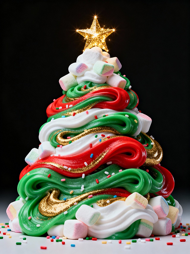 3D液态风圣诞树，融汇重拟物与粘土质感，鎏金线条勾勒梦幻轮廓，点缀棉花糖与彩糖粒，营造喜庆甜蜜的节日氛围。
