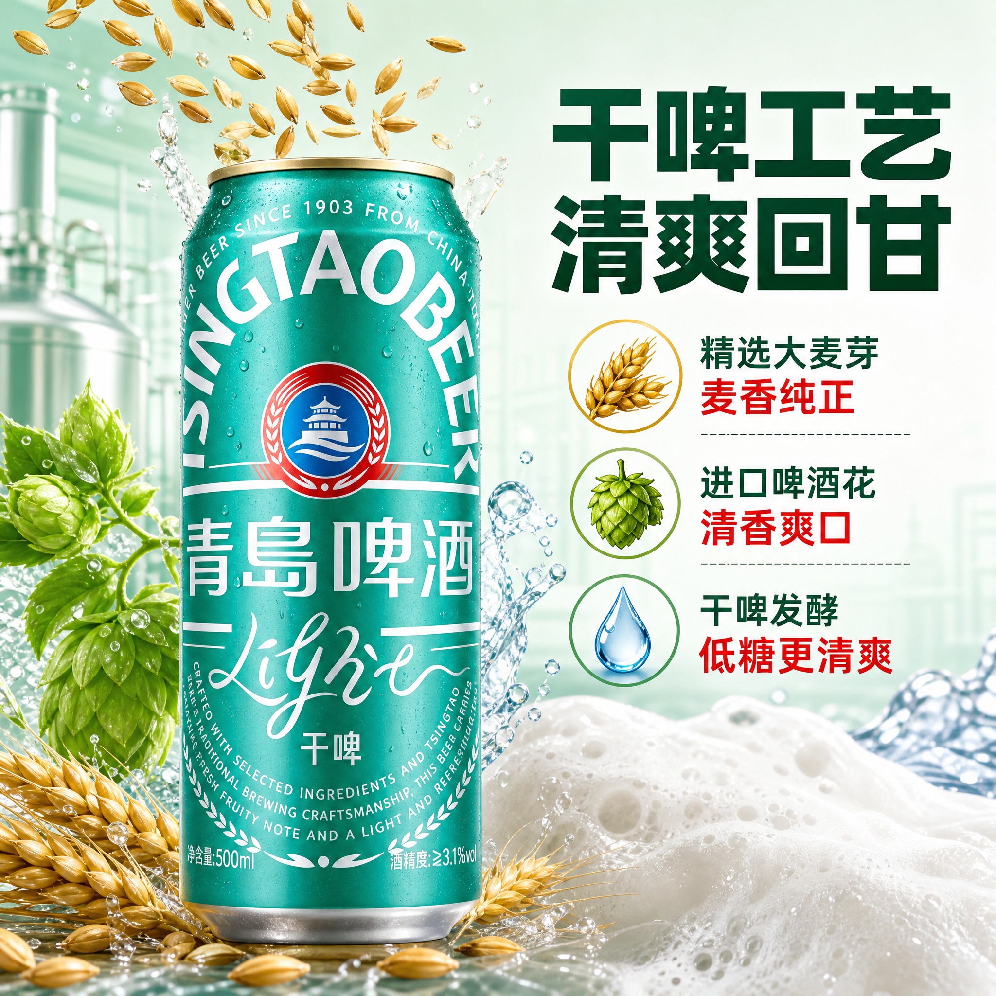 [主图-2] 青岛啤酒干啤核心卖点图，突出干啤低糖清爽与优质原… - 图片创意预览