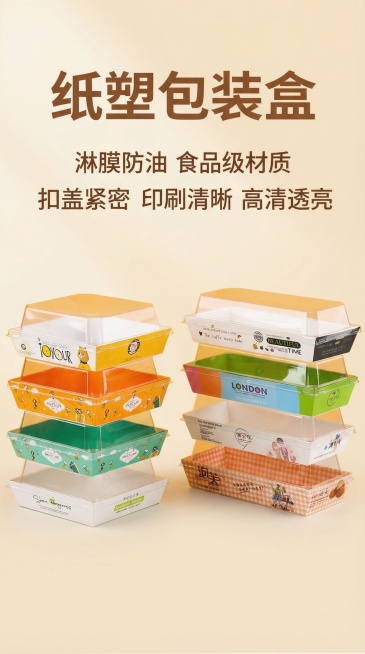 基于参考图生成一张三明治包装盒淘宝详情页首图，产品展示多种款式的纸塑包装盒，商品卖点为淋膜防油、食品级材质、扣盖紧密，印刷清晰，高清透亮。风格为奶油风，主标题字体统一为微软雅黑，颜色保持一致，副标题字预览效果