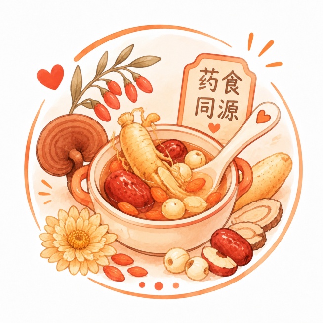 沿用参考图片的水彩手绘风格，暖橙红配色，圆形构图，绘制主题为药食同源的养生插画，包含天然药食食材元素，风格柔和温暖，保留参考图的质感和配色预览效果