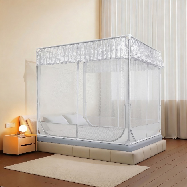 将图中的蚊帐颜色改为白色，其他环境和物品保持不变预览效果