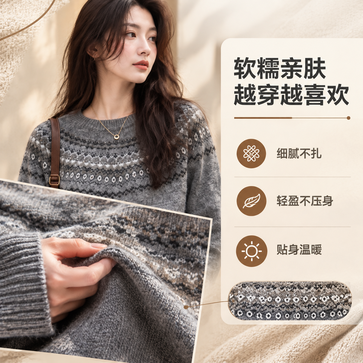 [商品] 使用【图1】灰色费尔岛提花圆领毛衣，保留圆领、提花图… - 图片创意预览