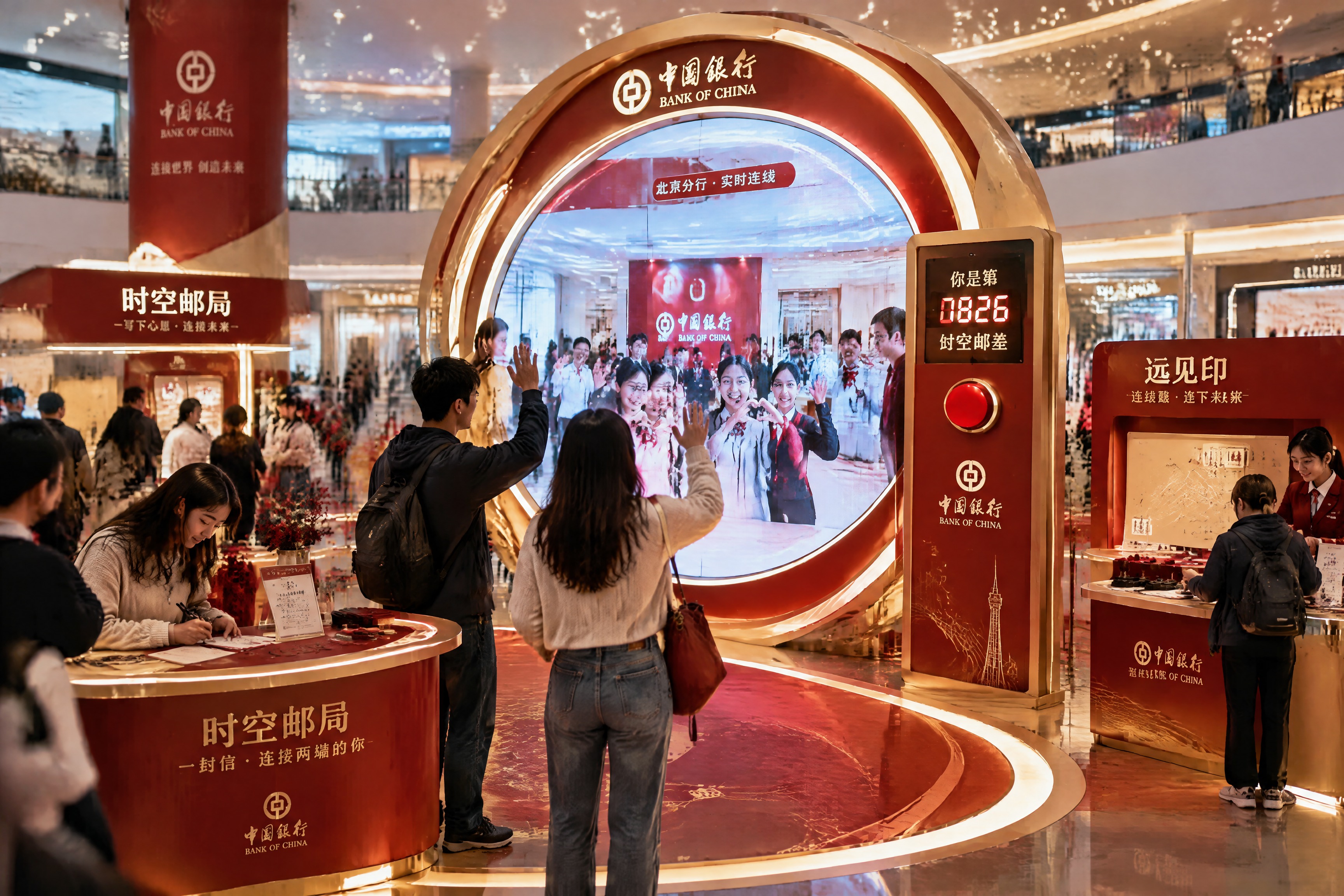 中国银行快闪活动场景，商业摄影与3D渲染结合风格。空间核心为大… - 图片创意预览
