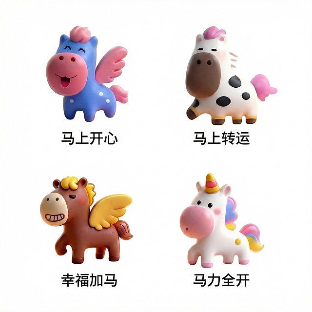 软3D粘土风卡通马，梦幻可爱造型，融合翅膀与独角兽元素，寓意新年好运，萌趣十足。