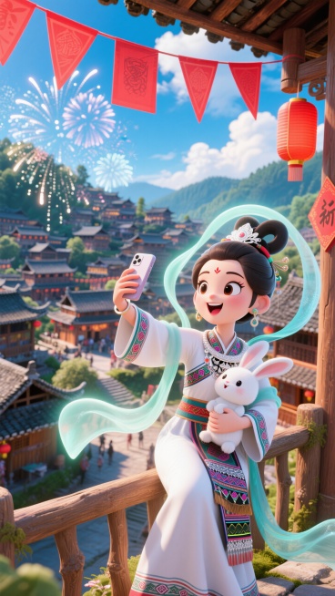 嫦娥穿着带有仙气飘带的白色的苗族服饰坐在苗寨的木栏边，一手抱着白色兔子一手拿着手机自拍，做着夸张的自拍表情，天空漂浮着喜庆的纯色的红色三角旗帜，可以看到千户苗寨，白日烟花，辉光效果，镜头俯视，广角，反预览效果